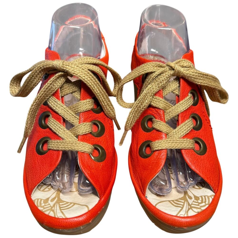 FLY LONDON Yifa Women's 37/US 6.5 Orange Leather Wedge Sandals Lace Up Comfort - Picture 9 of 15